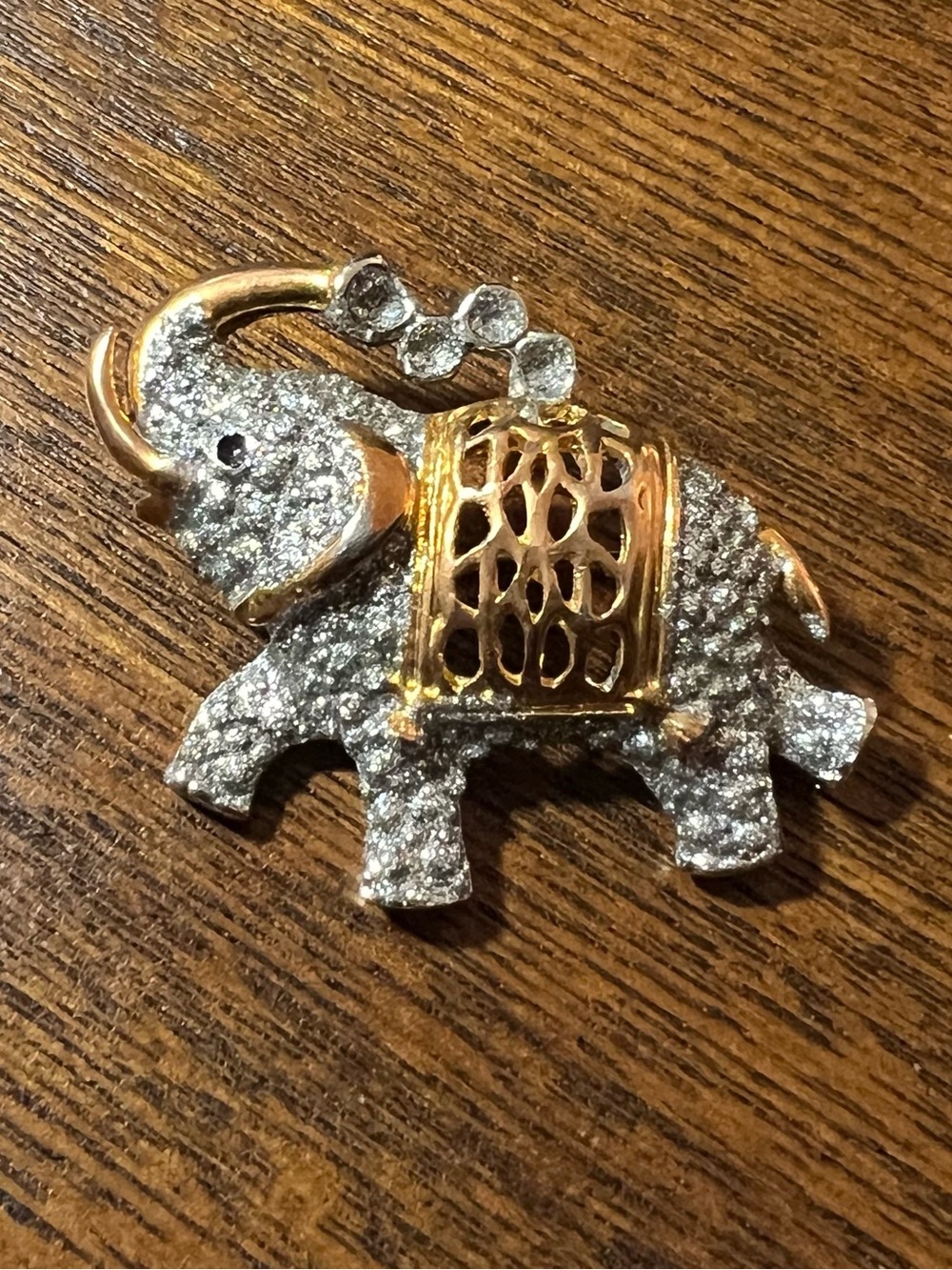 Vintage Elephant Brooch Gold Tone Gray Enamel Textured Lucky Trunk Up Pin